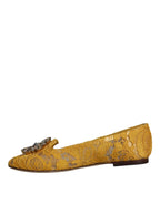 Senfgelbe Spitze Kristall Ballerinas Loafer Schuhe