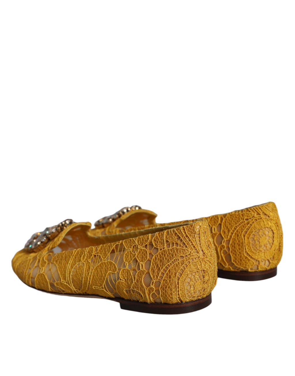 Senfgelbe Spitze Kristall Ballerinas Loafer Schuhe