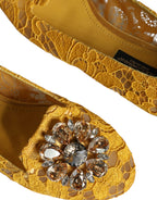 Senfgelbe Spitze Kristall Ballerinas Loafer Schuhe