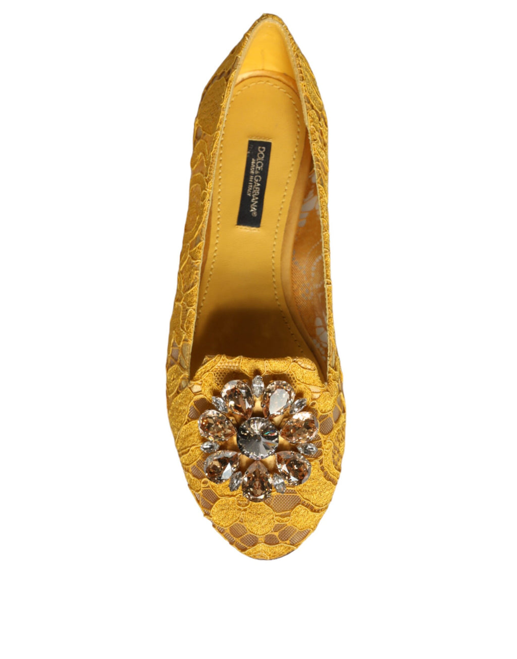 Senfgelbe Spitze Kristall Ballerinas Loafer Schuhe