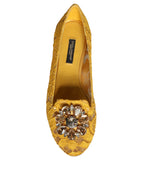 Senfgelbe Spitze Kristall Ballerinas Loafer Schuhe