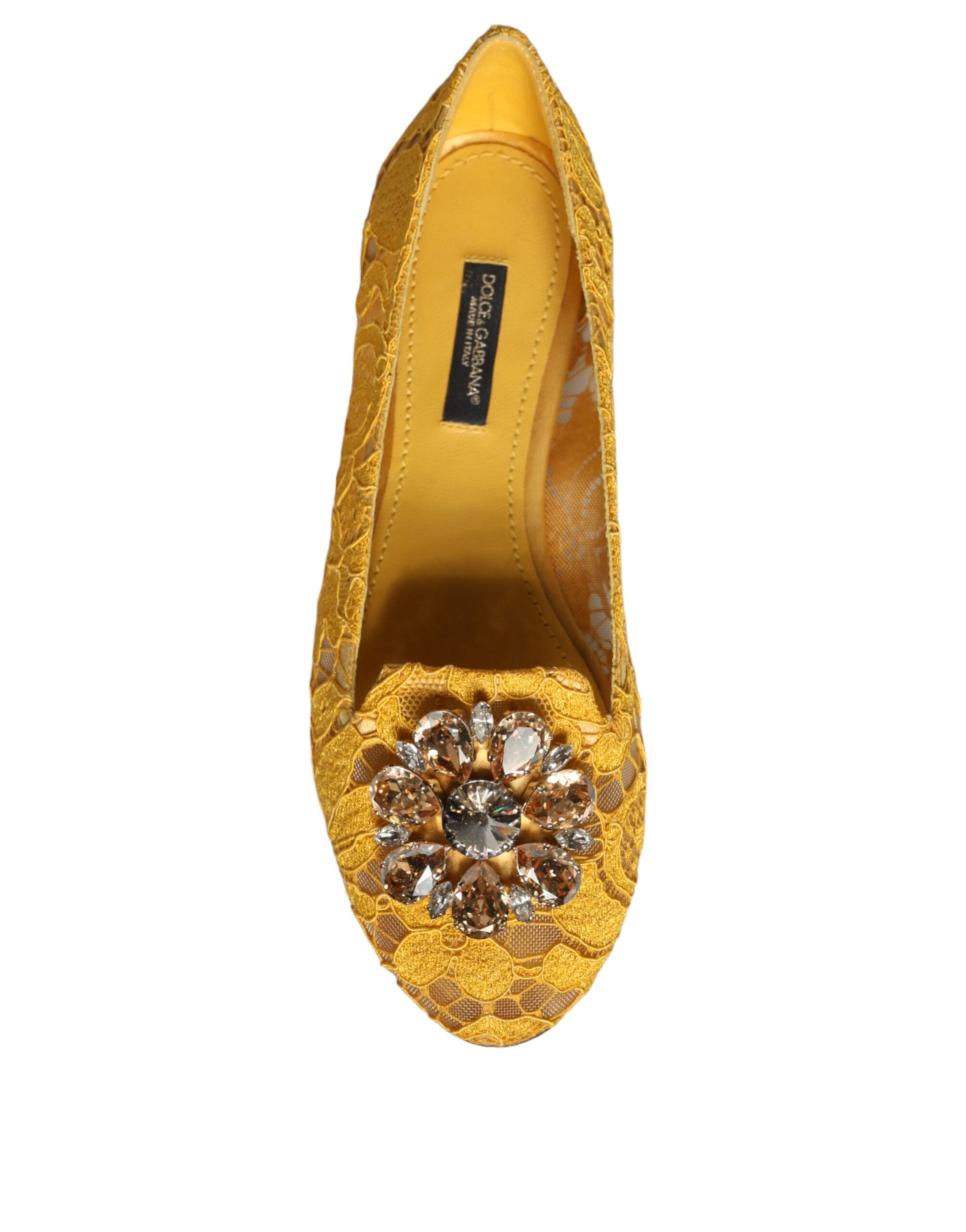 Senfgelbe Spitze Kristall Ballerinas Loafer Schuhe