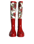 Rote kniehohe Gummistiefel mit Blumenmuster