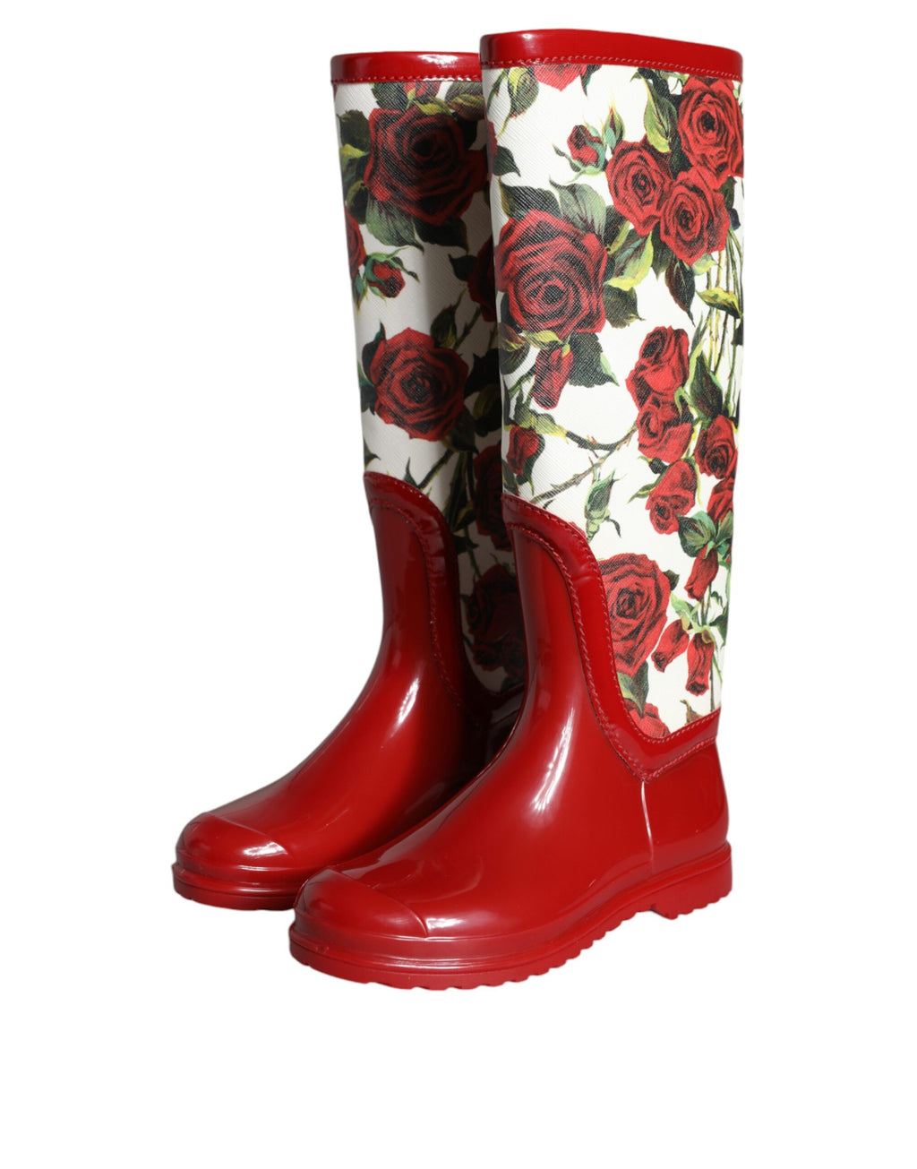 Rote kniehohe Gummistiefel mit Blumenmuster