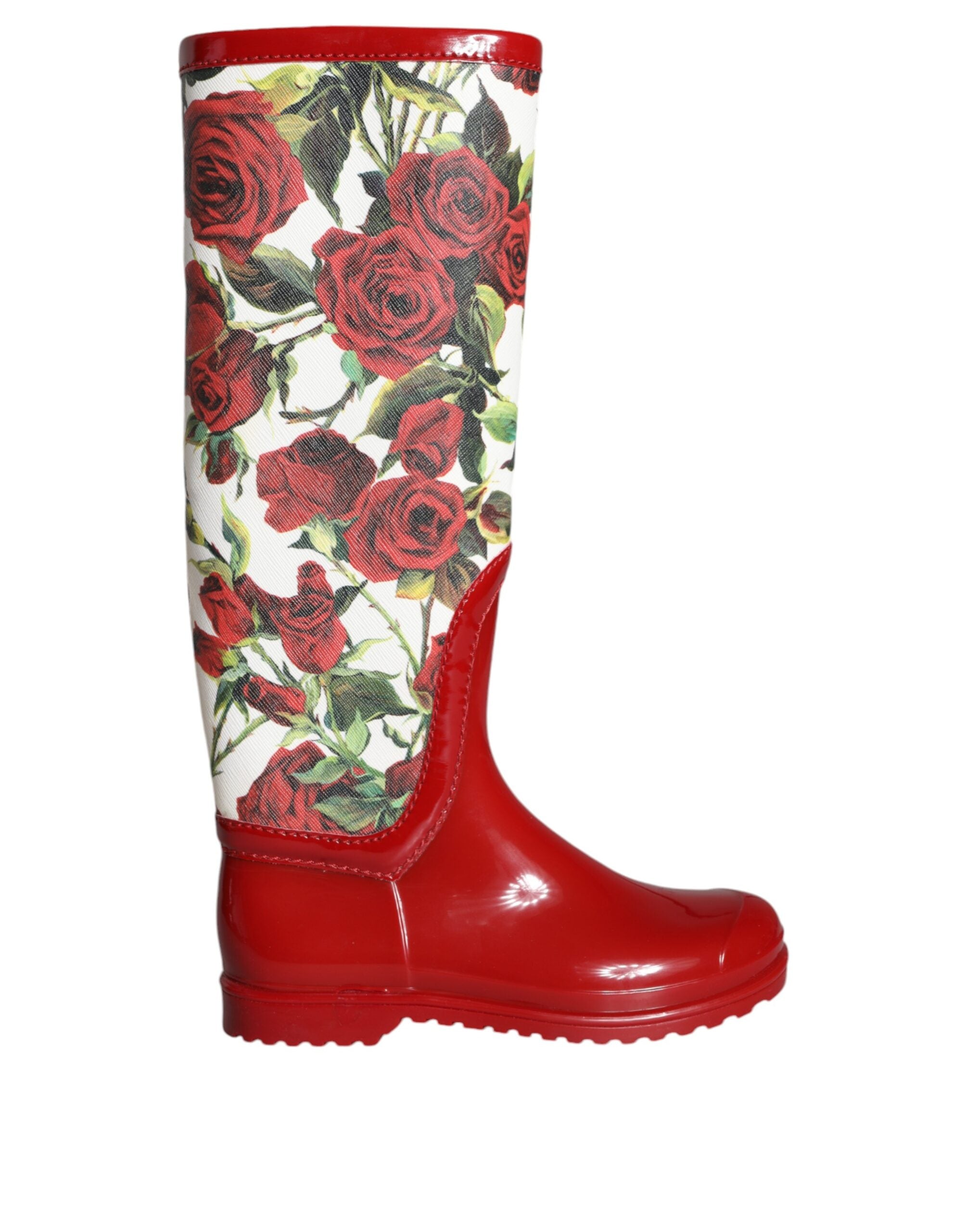 Rote kniehohe Gummistiefel mit Blumenmuster
