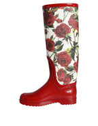 Rote kniehohe Gummistiefel mit Blumenmuster