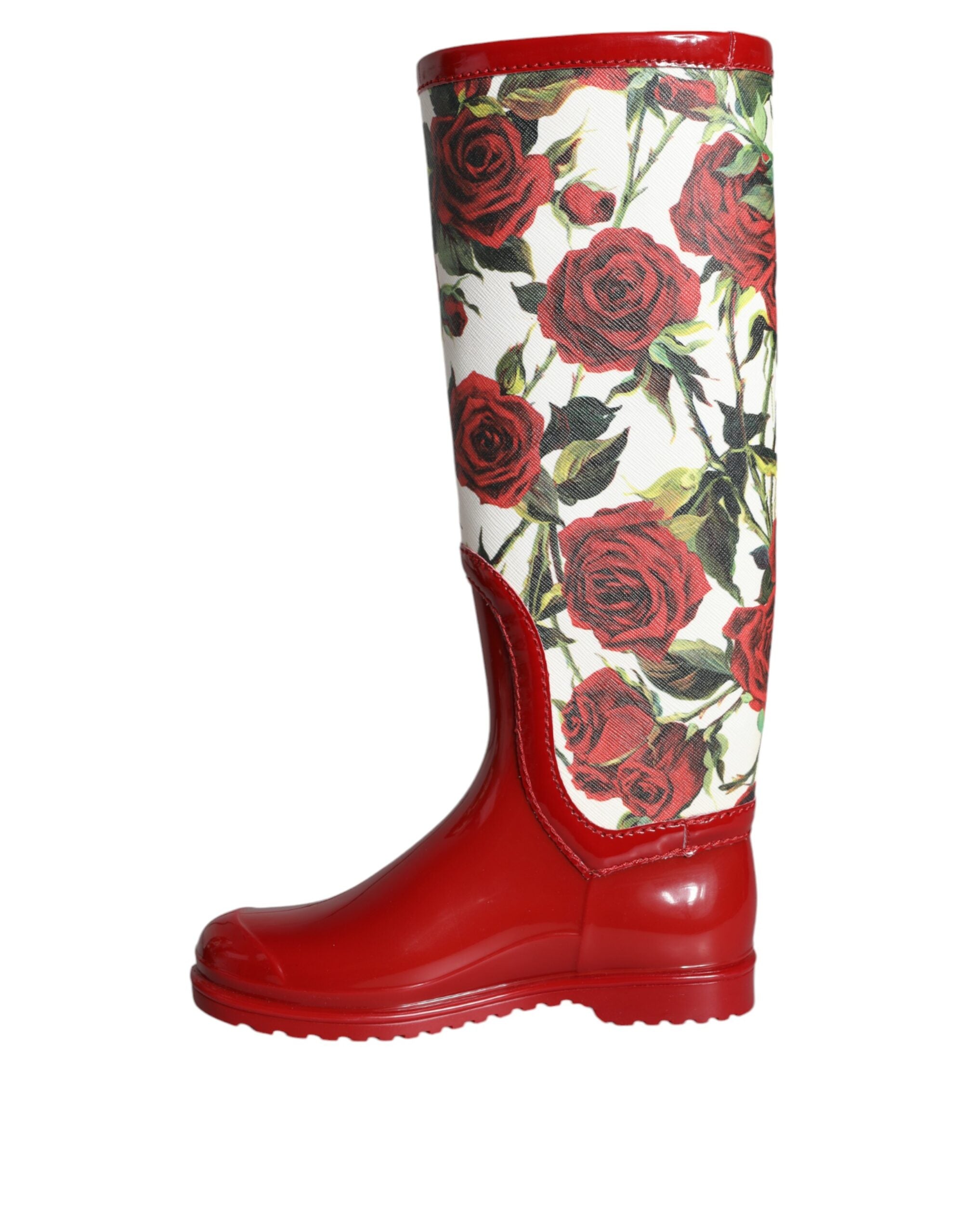 Rote kniehohe Gummistiefel mit Blumenmuster