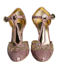 Sandals with T-strap and pump heel in pink gold leather
