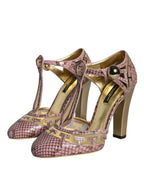 Sandals with T-strap and pump heel in pink gold leather