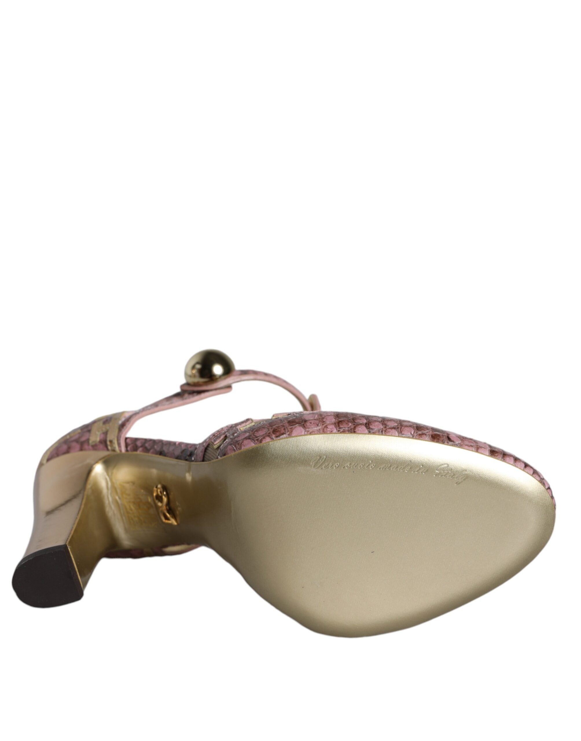 Sandals with T-strap and pump heel in pink gold leather