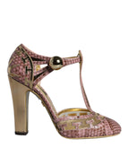 Sandals with T-strap and pump heel in pink gold leather