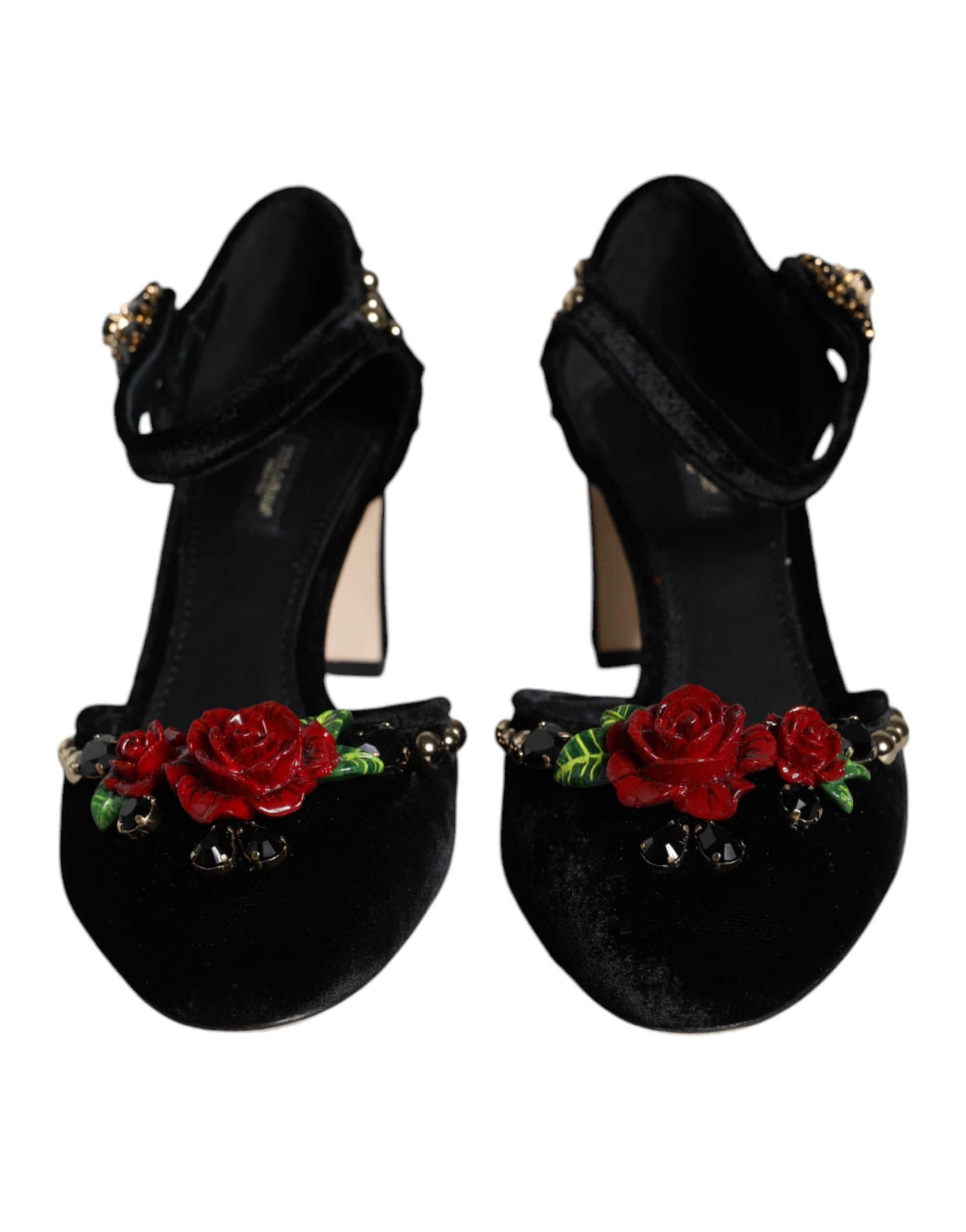 Black Velvet Roses Ankle Strap Pumps