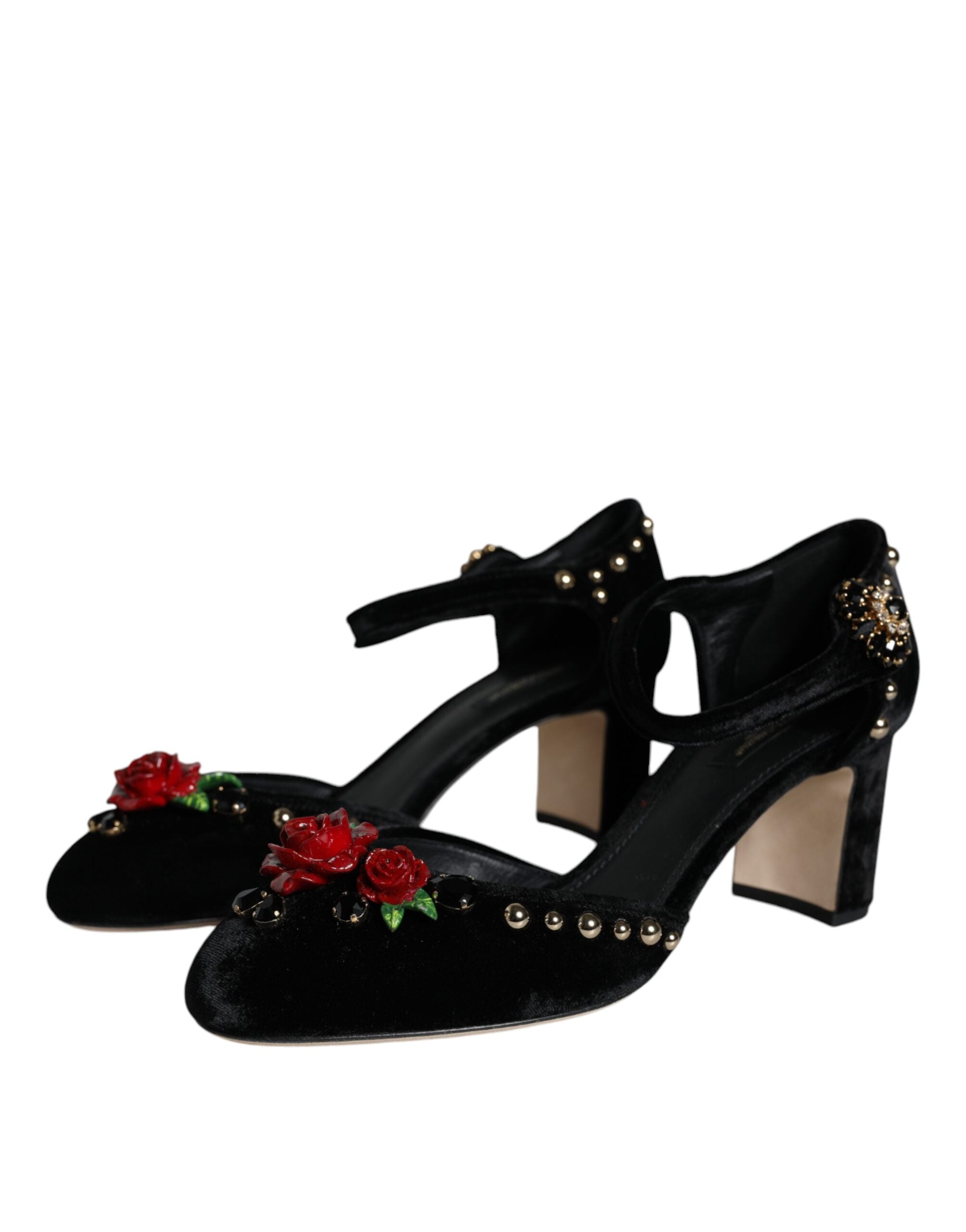 Black Velvet Roses Ankle Strap Pumps