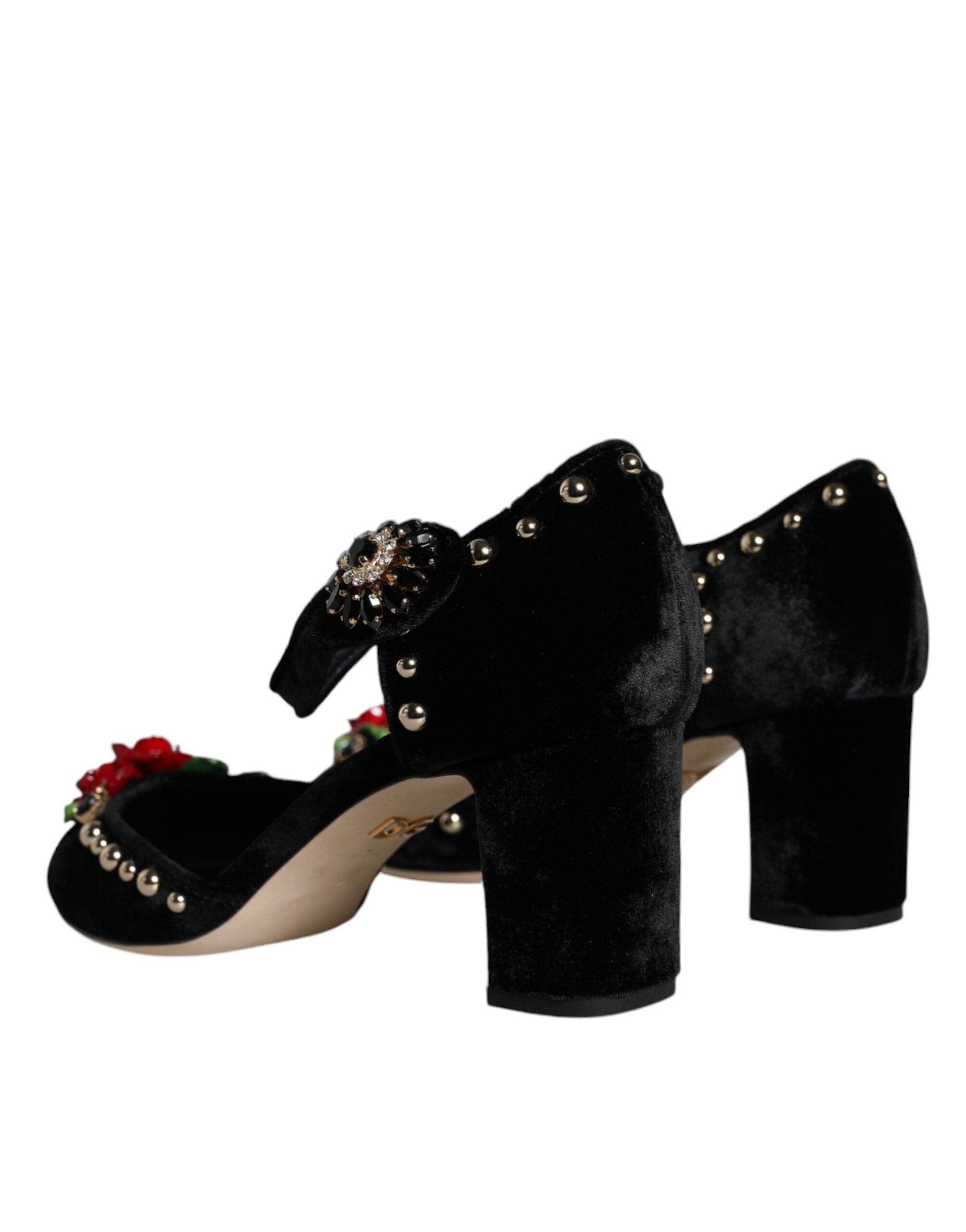 Black Velvet Roses Ankle Strap Pumps