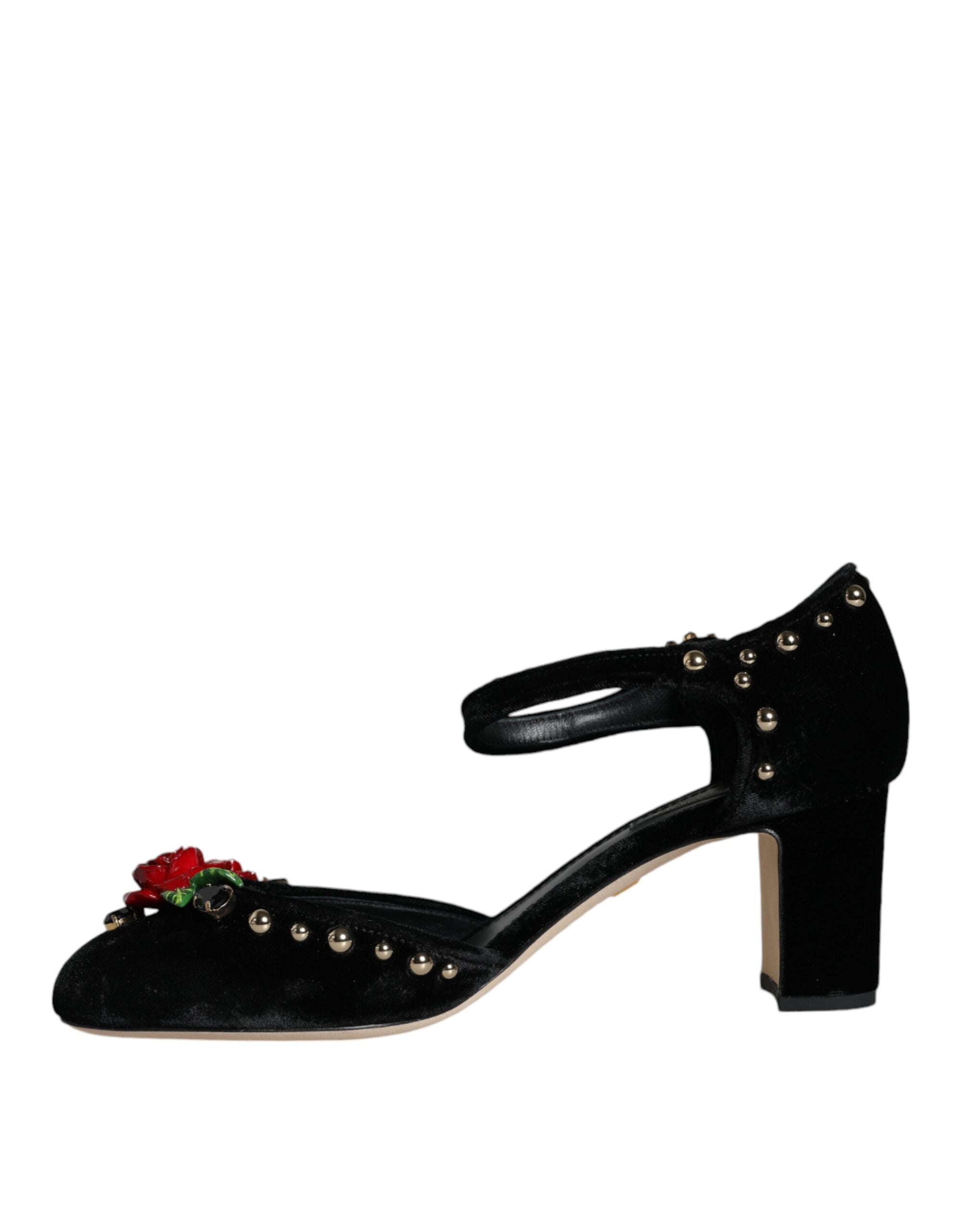 Black Velvet Roses Ankle Strap Pumps