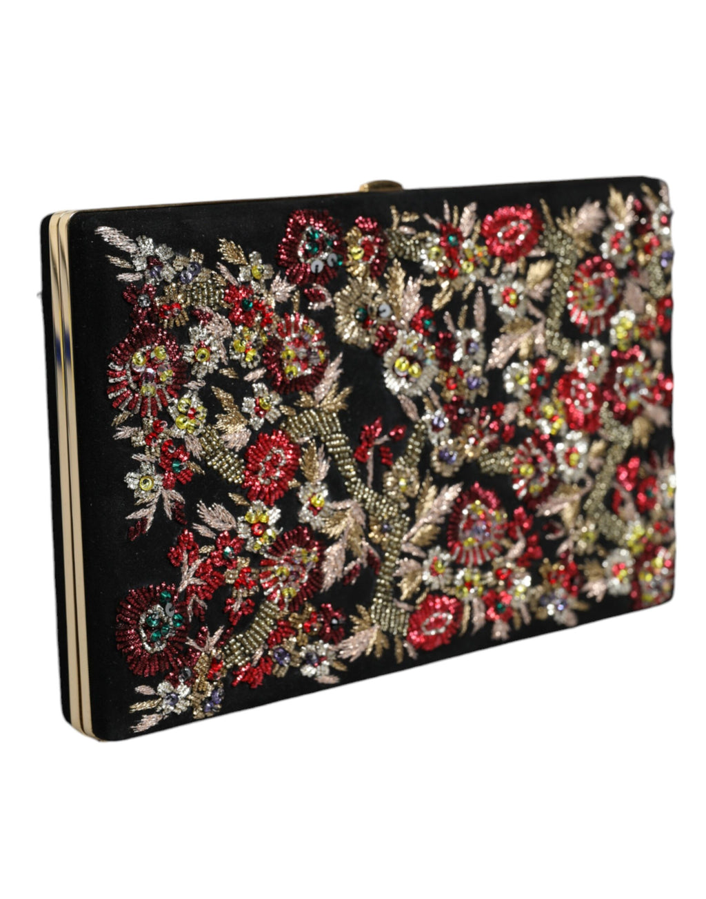 Clutch-Abendtasche mit mehrfarbigem Blumenmuster und Goldrahmen