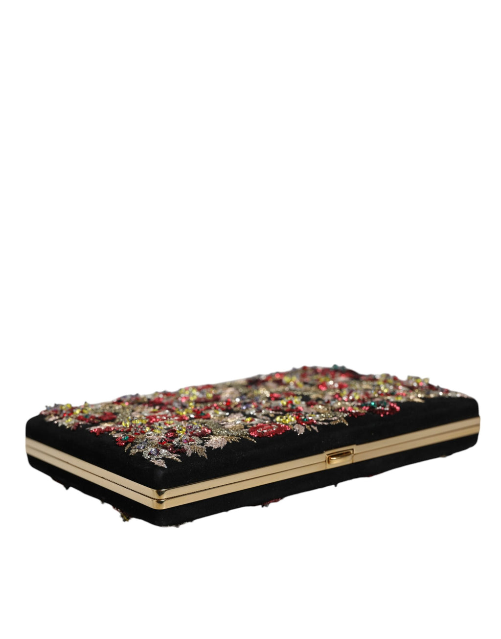 Clutch-Abendtasche mit mehrfarbigem Blumenmuster und Goldrahmen