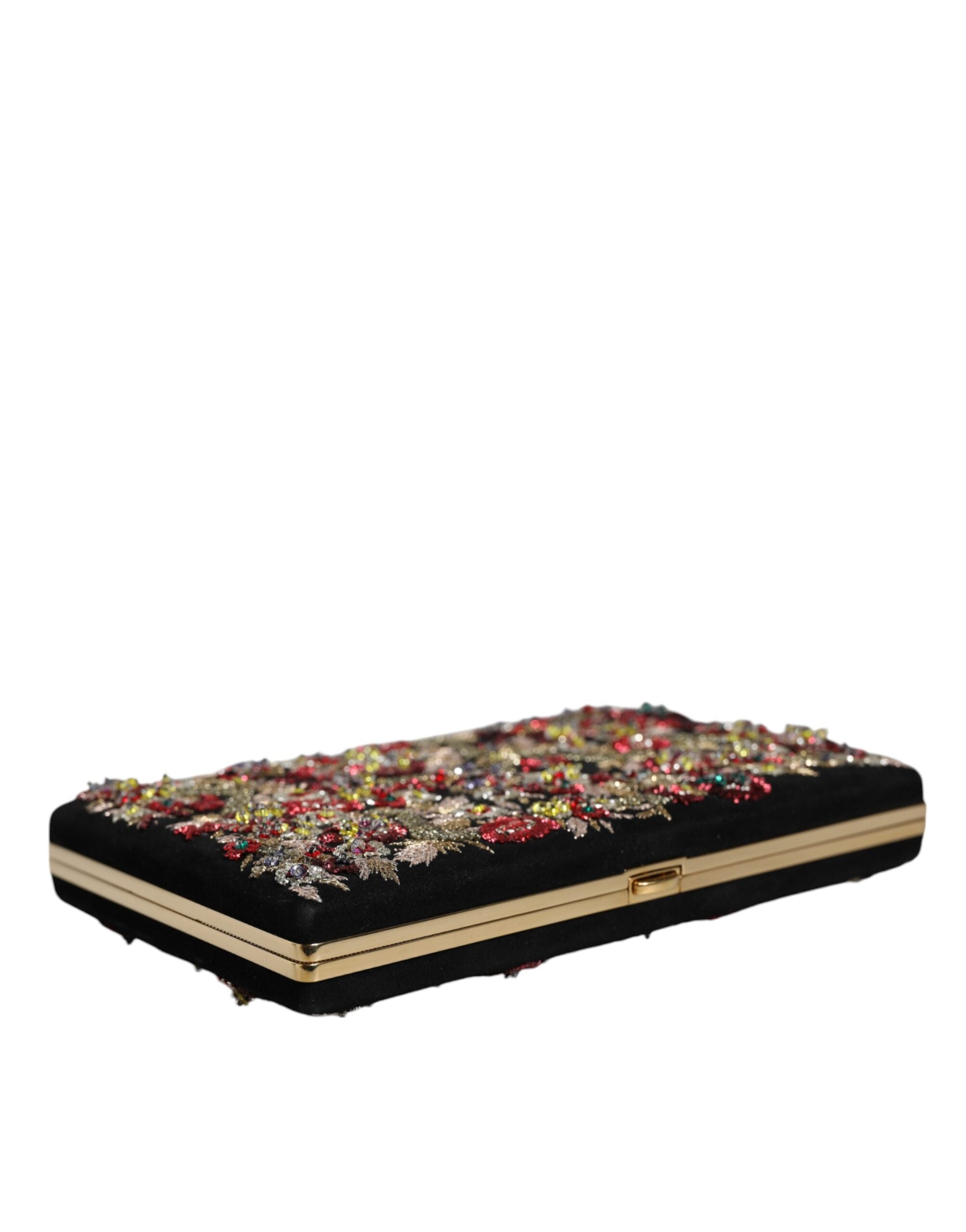 Clutch-Abendtasche mit mehrfarbigem Blumenmuster und Goldrahmen