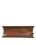Brown Top Handle Jacquard Leather Logo Crossbody Tote Bag