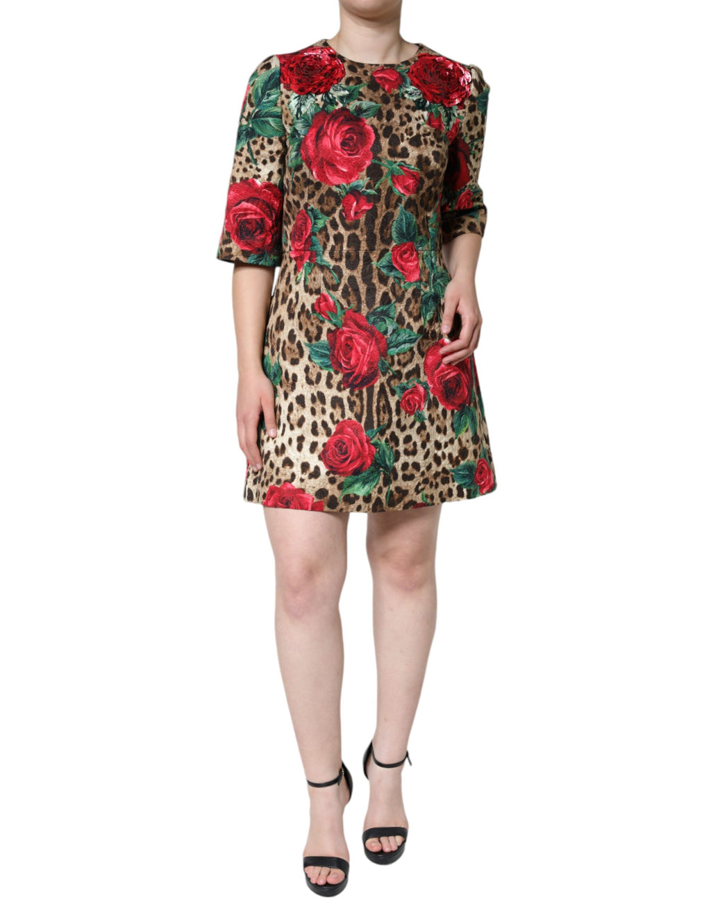 Brown Leopard Red Roses Baumwolle A-Linie Kleid