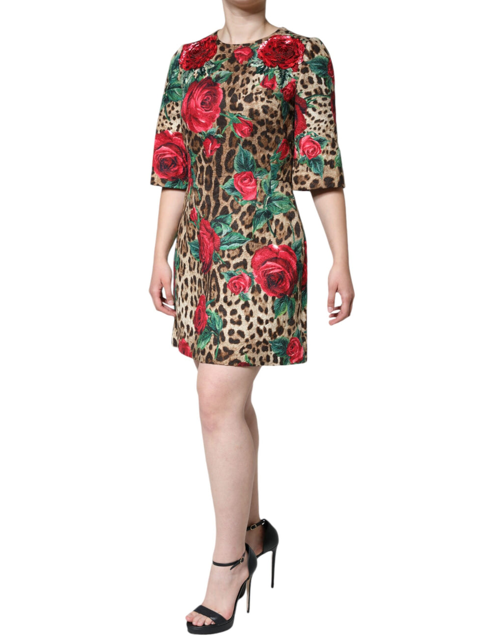 Brown Leopard Red Roses Baumwolle A-Linie Kleid