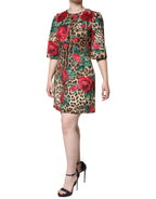 Brown Leopard Red Roses Baumwolle A-Linie Kleid