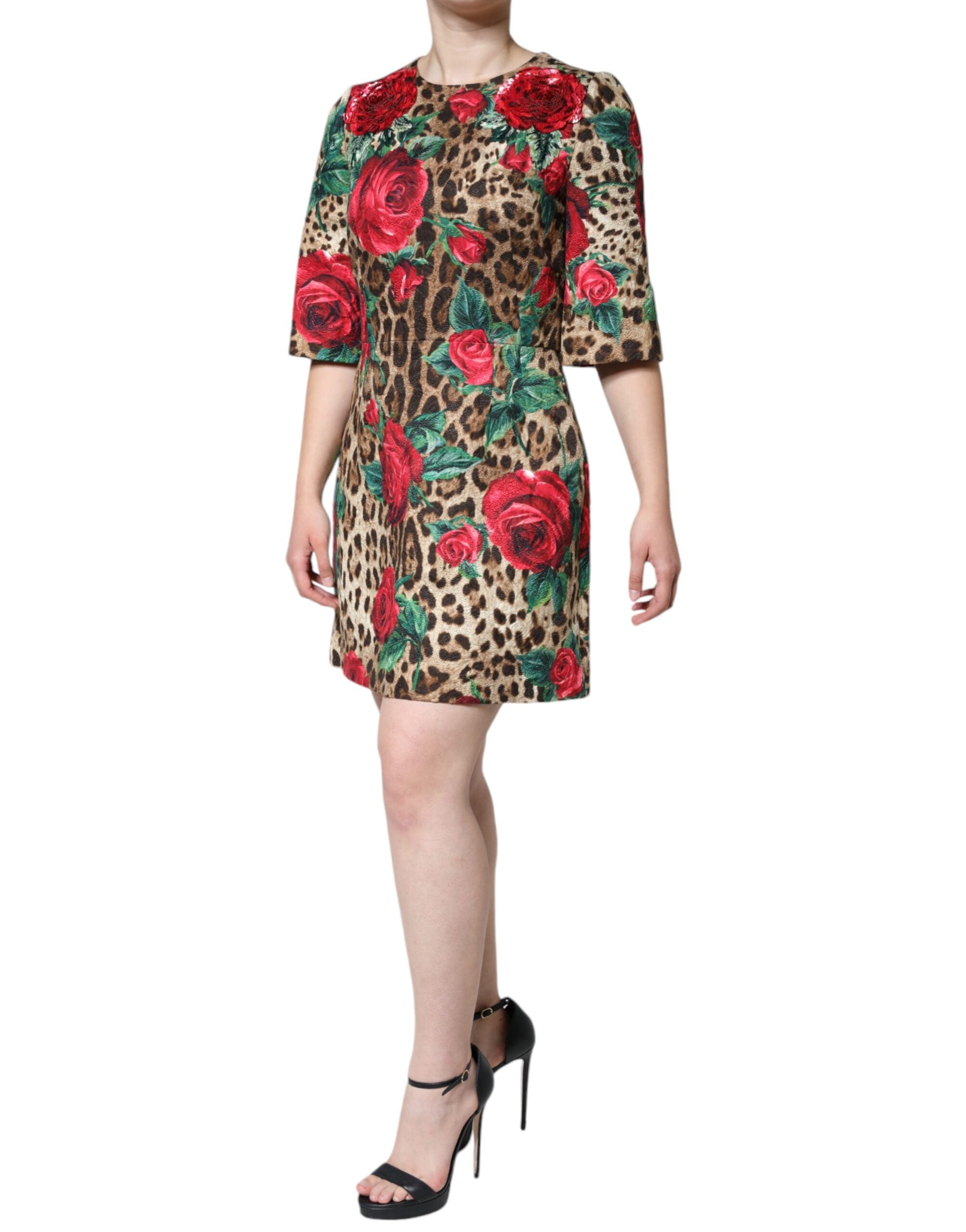 Brown Leopard Red Roses Baumwolle A-Linie Kleid