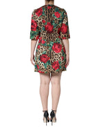 Brown Leopard Red Roses Baumwolle A-Linie Kleid