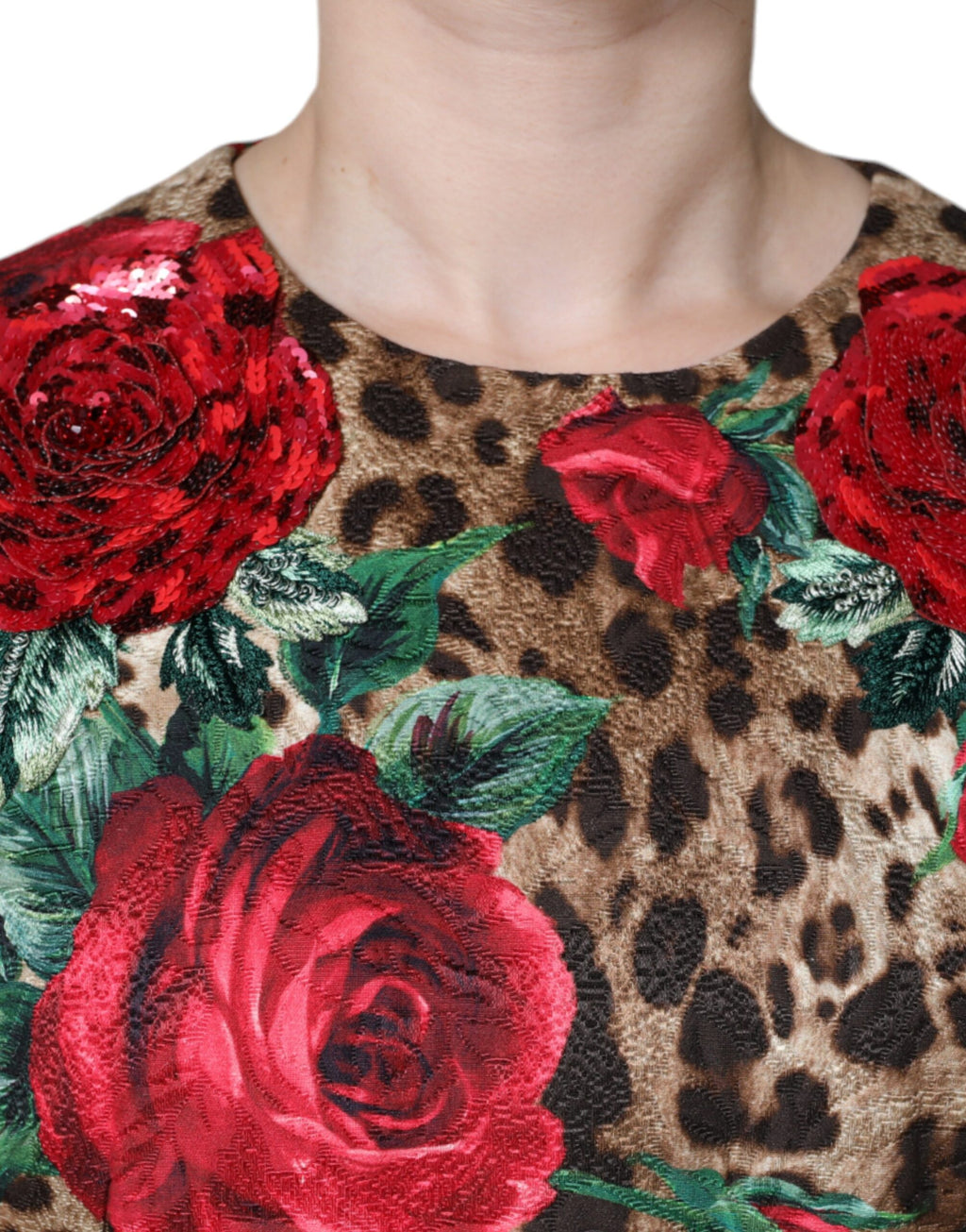 Brown Leopard Red Roses Baumwolle A-Linie Kleid