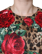 Brown Leopard Red Roses Baumwolle A-Linie Kleid