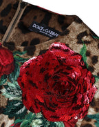 Brown Leopard Red Roses Baumwolle A-Linie Kleid
