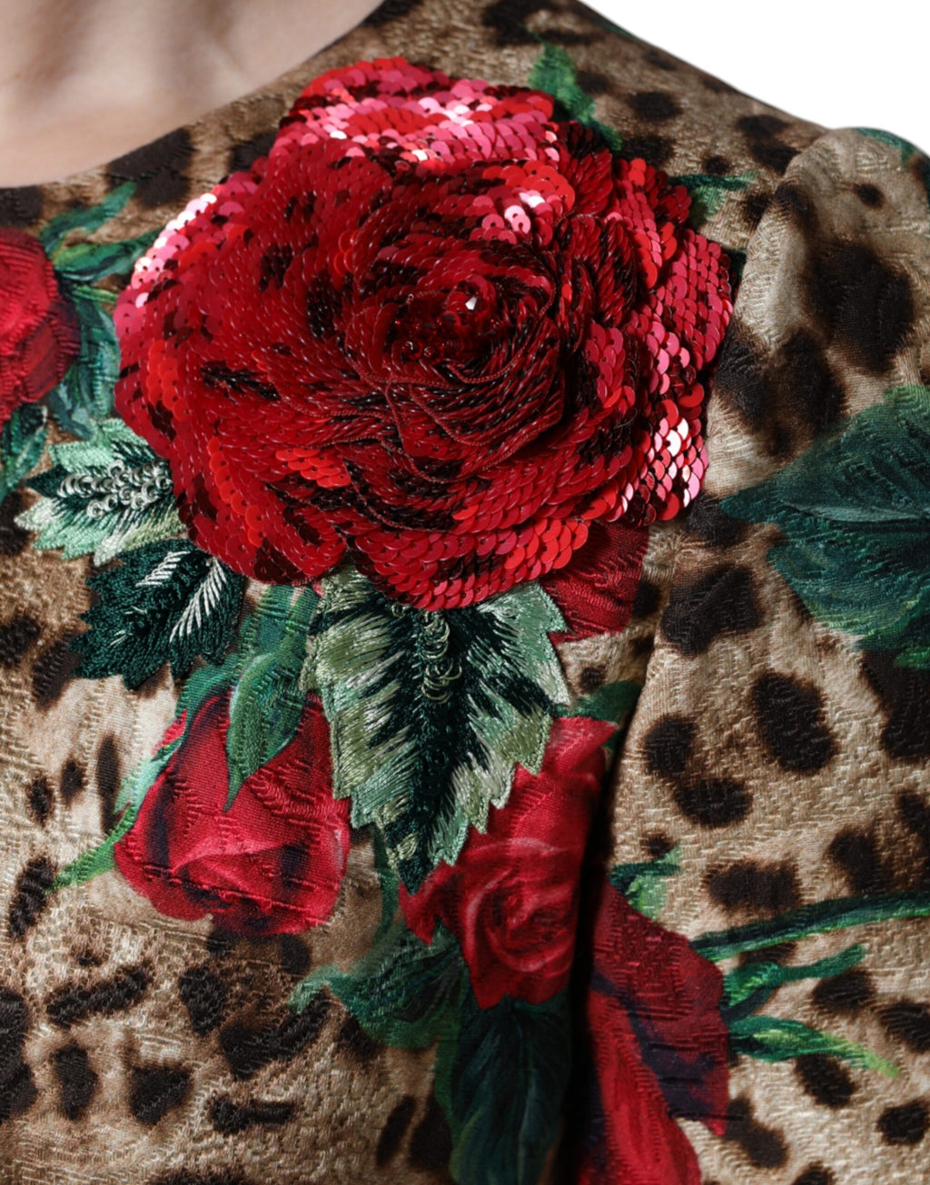 Brown Leopard Red Roses Baumwolle A-Linie Kleid
