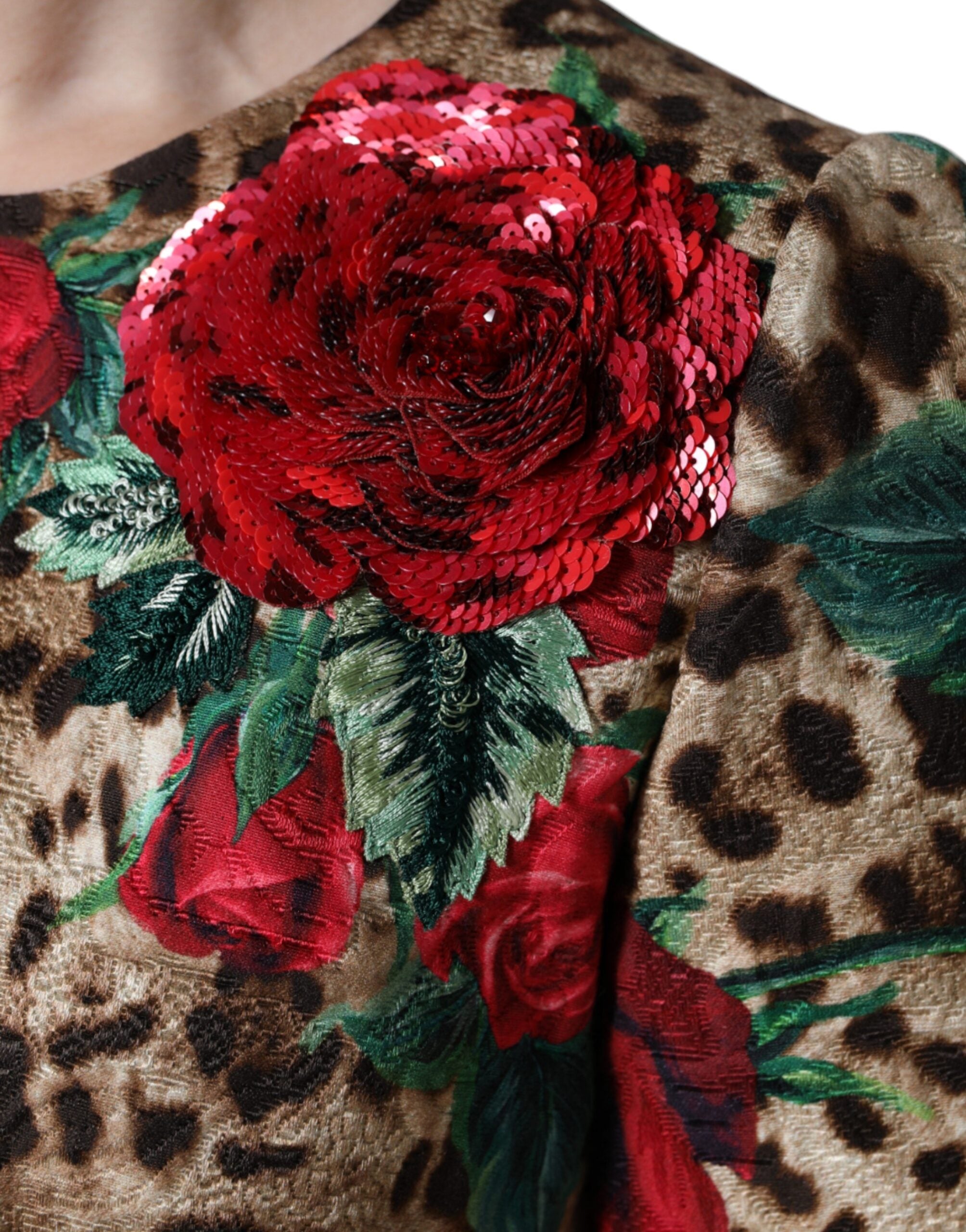 Brown Leopard Red Roses Baumwolle A-Linie Kleid
