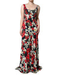 Schwarzes ärmelloses langes Abendkleid aus Seide mit Blumenmuster