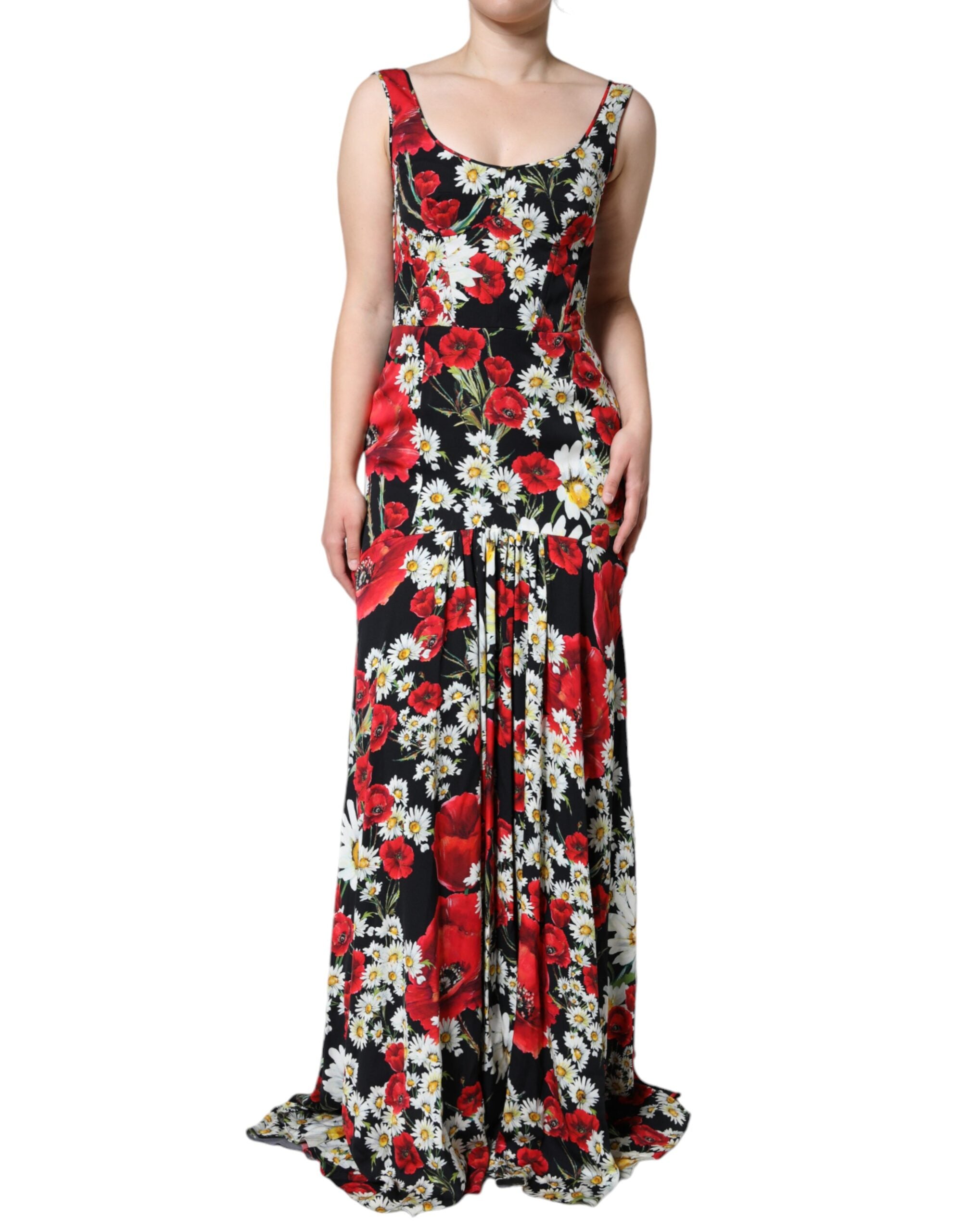 Schwarzes ärmelloses langes Abendkleid aus Seide mit Blumenmuster