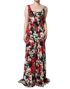 Schwarzes ärmelloses langes Abendkleid aus Seide mit Blumenmuster