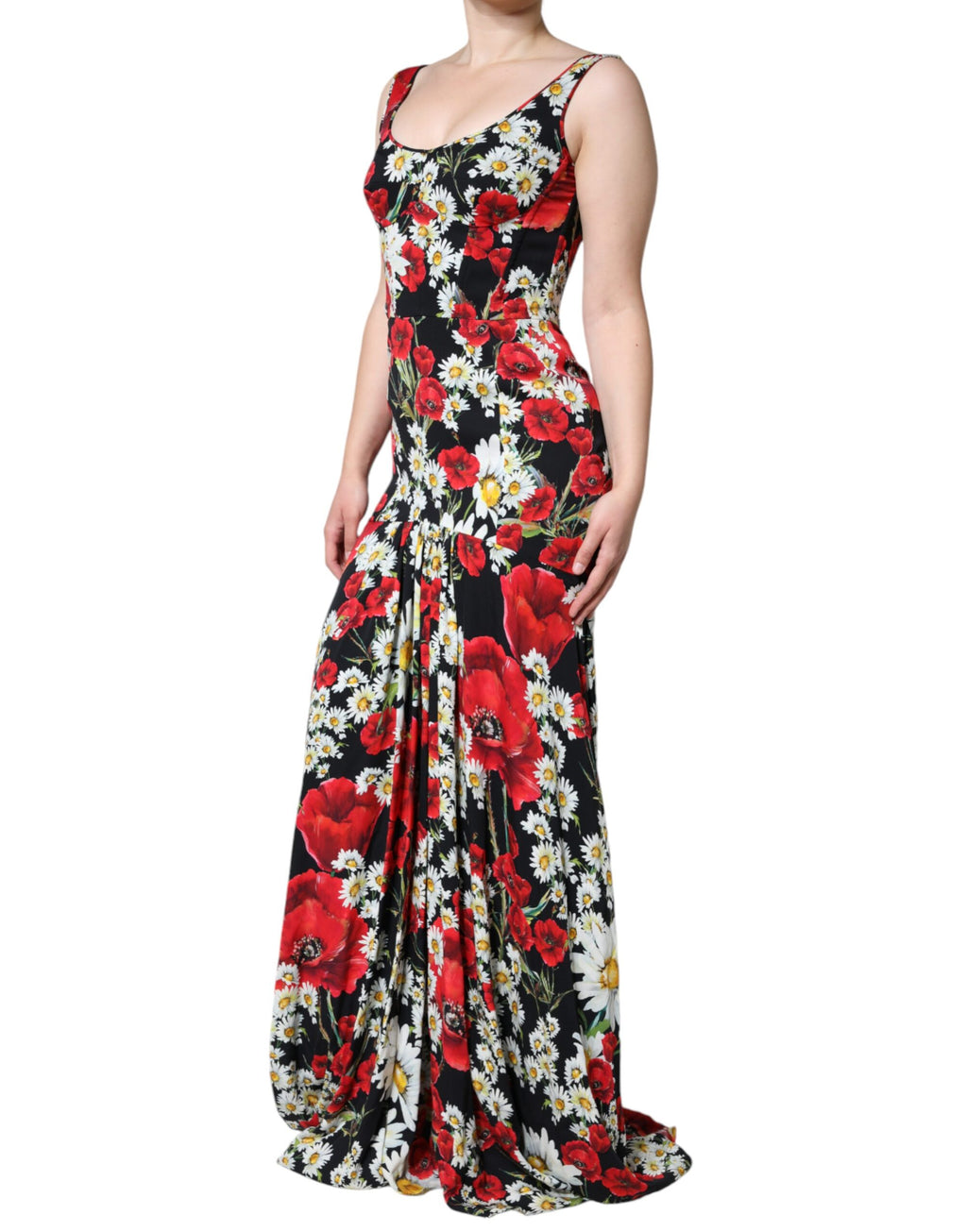 Schwarzes ärmelloses langes Abendkleid aus Seide mit Blumenmuster