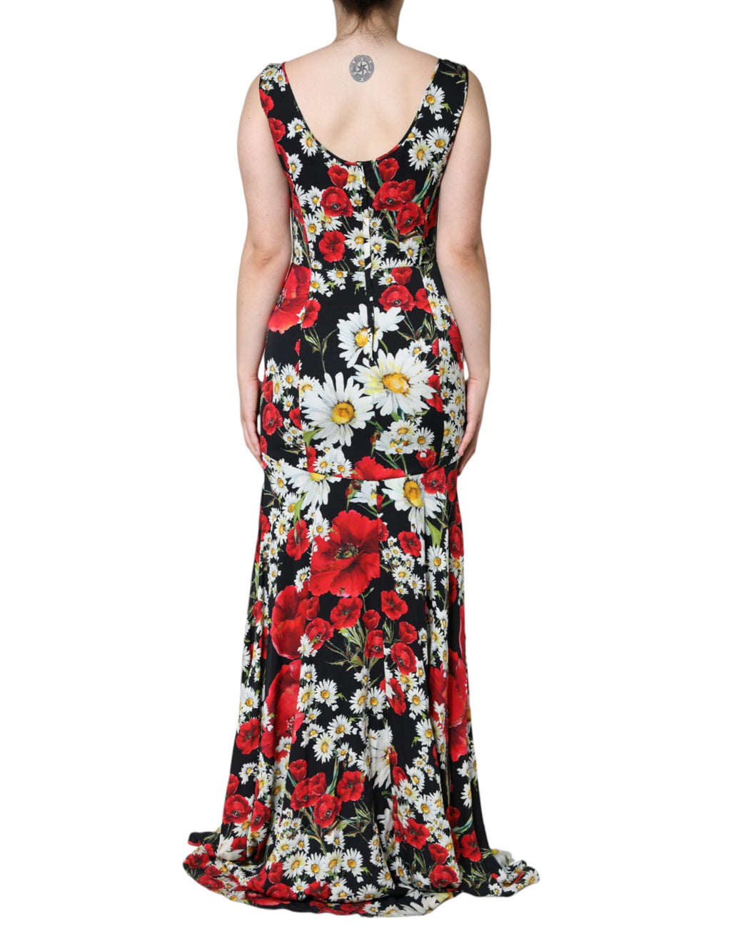 Schwarzes ärmelloses langes Abendkleid aus Seide mit Blumenmuster