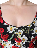Schwarzes ärmelloses langes Abendkleid aus Seide mit Blumenmuster