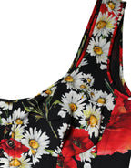 Schwarzes ärmelloses langes Abendkleid aus Seide mit Blumenmuster