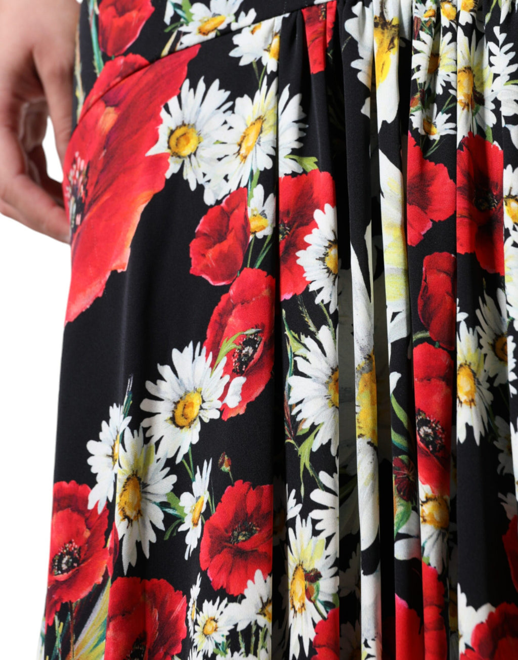 Schwarzes ärmelloses langes Abendkleid aus Seide mit Blumenmuster