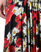 Schwarzes ärmelloses langes Abendkleid aus Seide mit Blumenmuster