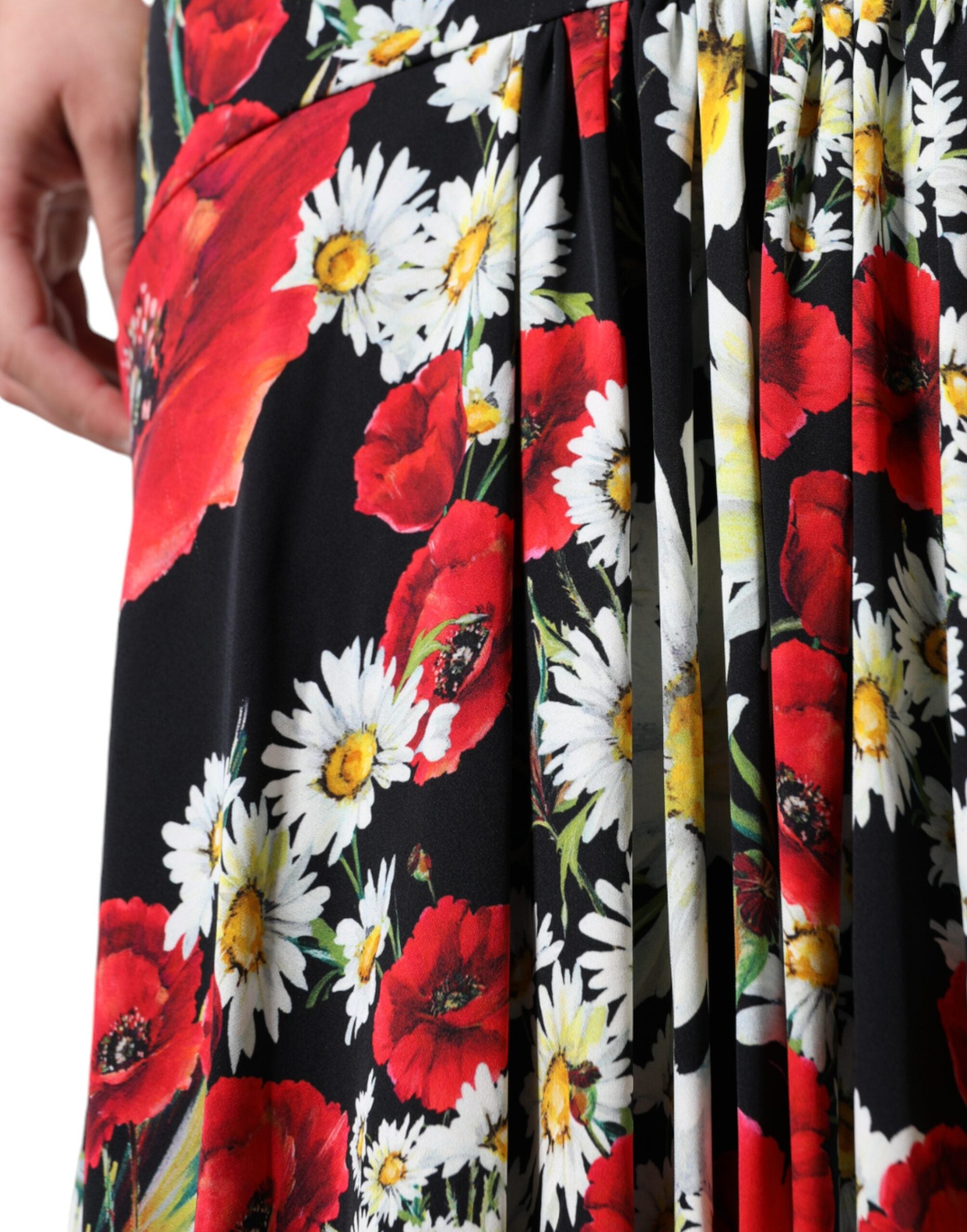 Schwarzes ärmelloses langes Abendkleid aus Seide mit Blumenmuster