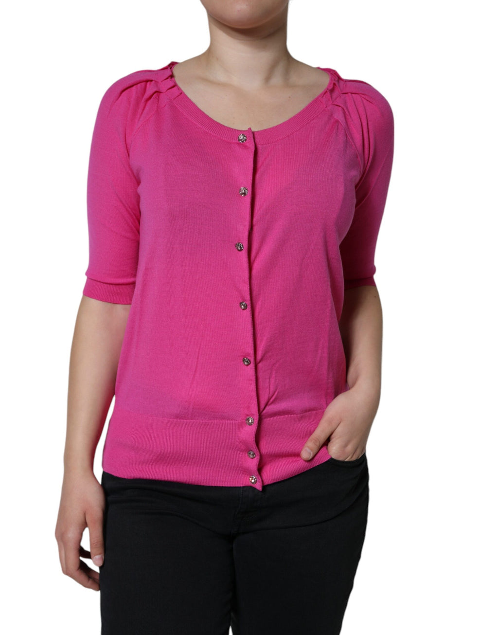 Pinke Bluse mit kurzen Ärmeln aus Wolle zum Knöpfen