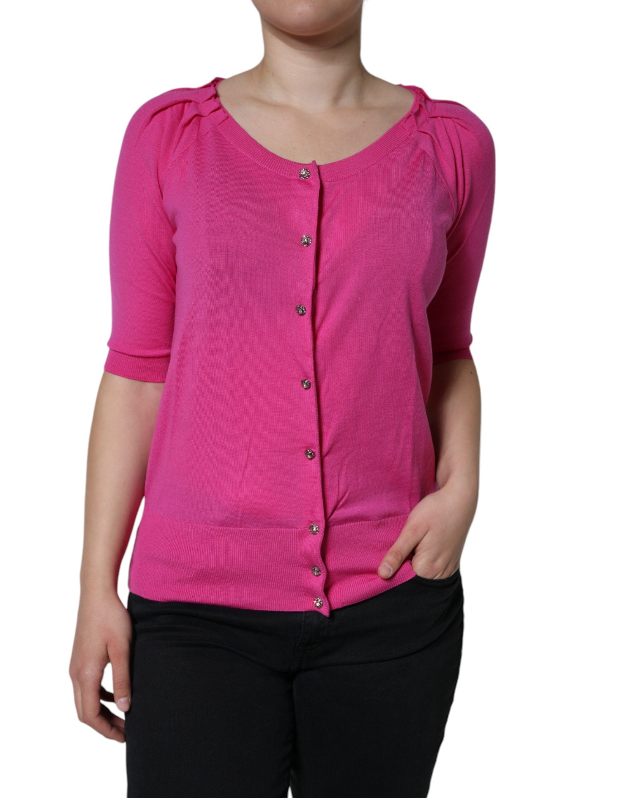 Pinke Bluse mit kurzen Ärmeln aus Wolle zum Knöpfen