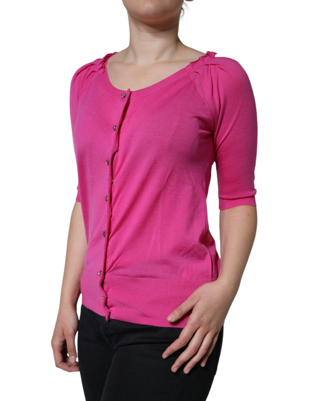 Pinke Bluse mit kurzen Ärmeln aus Wolle zum Knöpfen