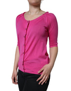 Pinke Bluse mit kurzen Ärmeln aus Wolle zum Knöpfen