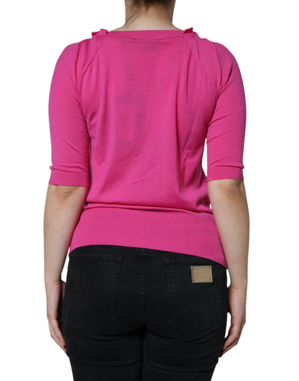 Pinke Bluse mit kurzen Ärmeln aus Wolle zum Knöpfen