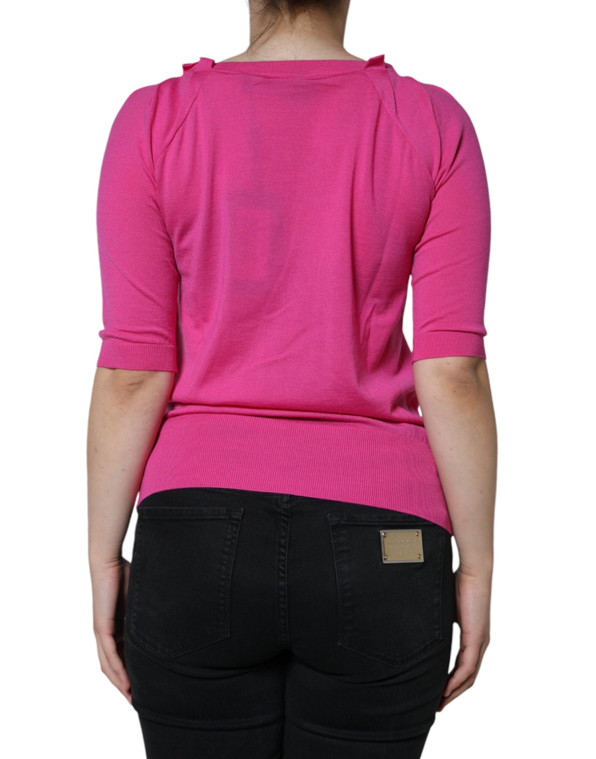 Pinke Bluse mit kurzen Ärmeln aus Wolle zum Knöpfen