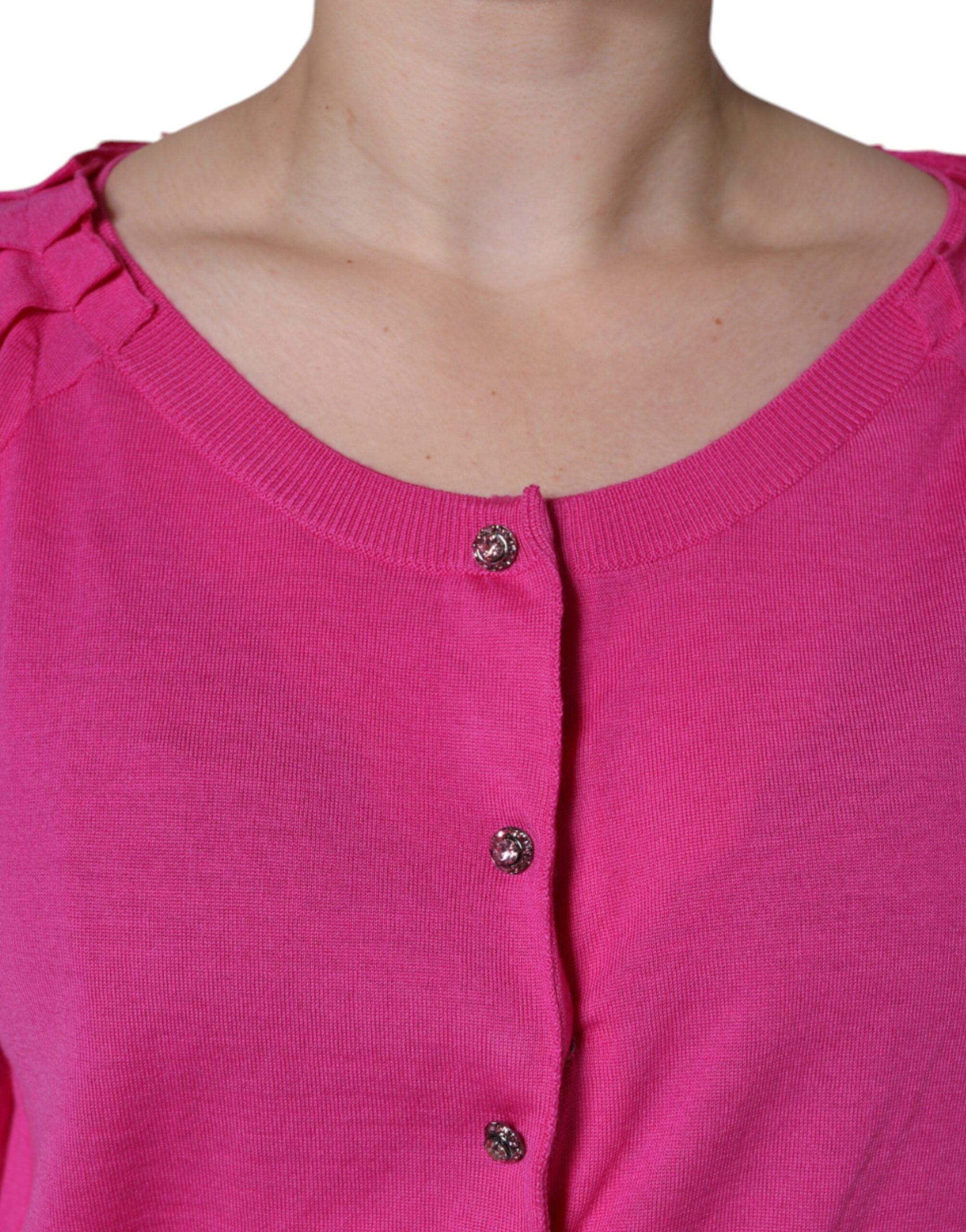 Pinke Bluse mit kurzen Ärmeln aus Wolle zum Knöpfen